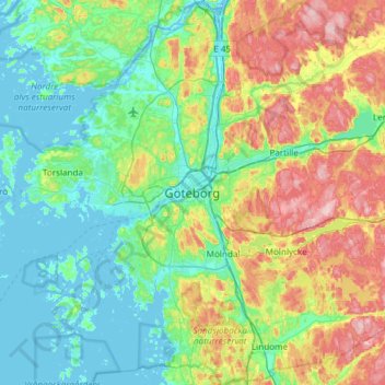 Mapa topográfico Gotemburgo, altitude, relevo