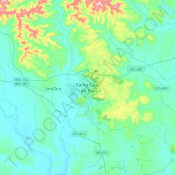 Mapa topográfico Santa Cruz do Sul, altitude, relevo
