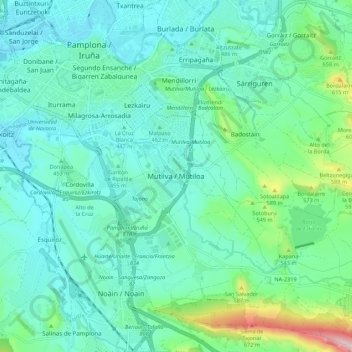 Mapa topográfico Mutilva, altitude, relevo