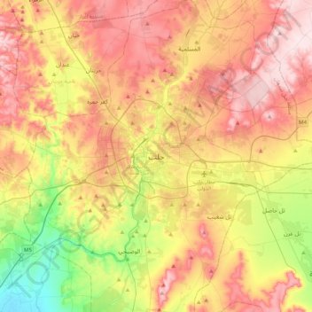 Mapa topográfico حلب, altitude, relevo