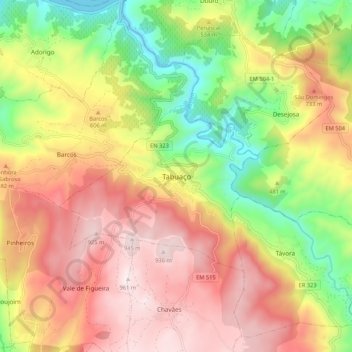 Mapa topográfico Tabuaço, altitude, relevo