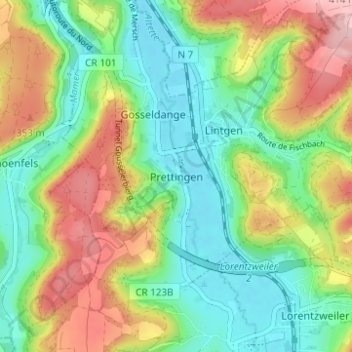 Mapa topográfico Prettingen, altitude, relevo