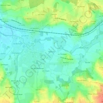 Mapa topográfico Dérontay, altitude, relevo