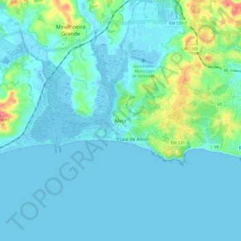 Mapa topográfico Alvor, altitude, relevo