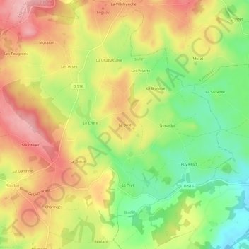 Mapa topográfico Le Bost, altitude, relevo