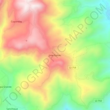 Mapa topográfico Jose Galvez, altitude, relevo
