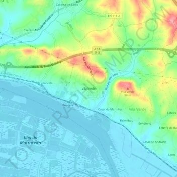 Mapa topográfico Vila Verde, altitude, relevo