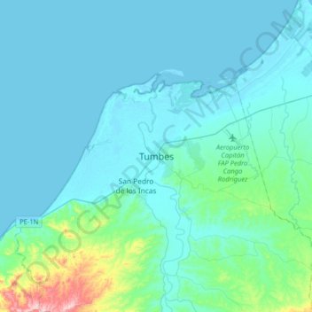 Mapa topográfico Tumbes, altitude, relevo