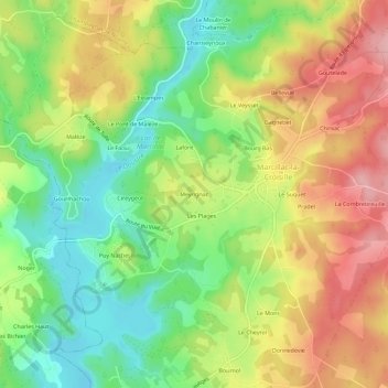 Mapa topográfico Meyrignac, altitude, relevo