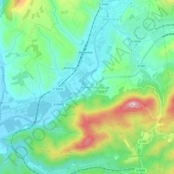 Mapa topográfico Aurieges, altitude, relevo