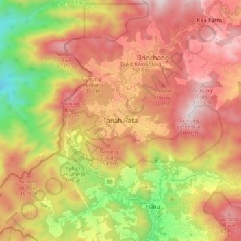 Mapa topográfico Tanah Rata, altitude, relevo