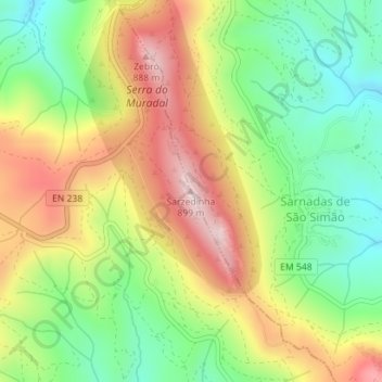 Mapa topográfico Sarzedinha, altitude, relevo