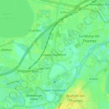 Mapa topográfico Upper Halliford, altitude, relevo