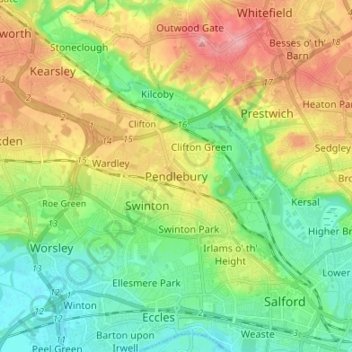 Mapa topográfico Pendlebury, altitude, relevo