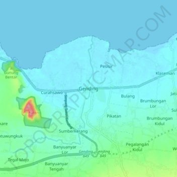 Mapa topográfico Gending, altitude, relevo
