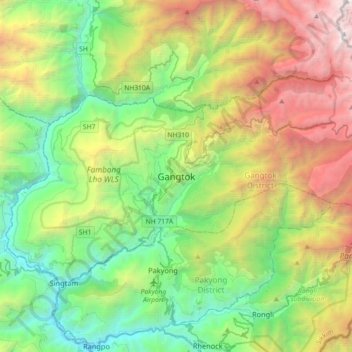 Mapa topográfico Gangtok, altitude, relevo