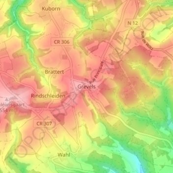 Mapa topográfico Grevels, altitude, relevo