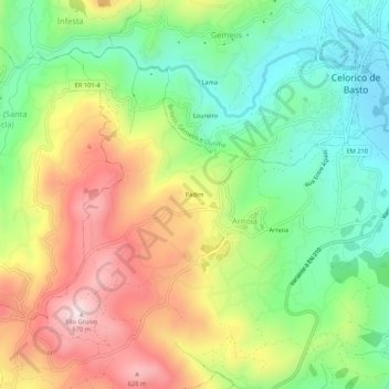 Mapa topográfico Padim, altitude, relevo