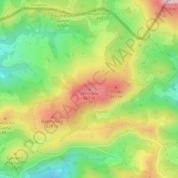 Mapa topográfico Zentinela, altitude, relevo