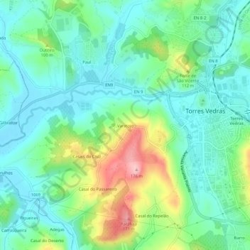 Mapa topográfico Varatojo, altitude, relevo