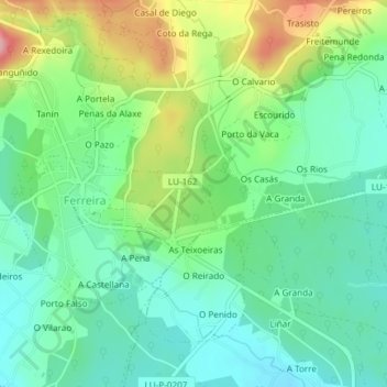 Mapa topográfico O Valcarcel, altitude, relevo