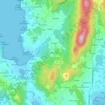 Mapa topográfico Nogueira, altitude, relevo