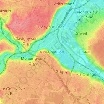 Mapa topográfico Viry-Châtillon, altitude, relevo