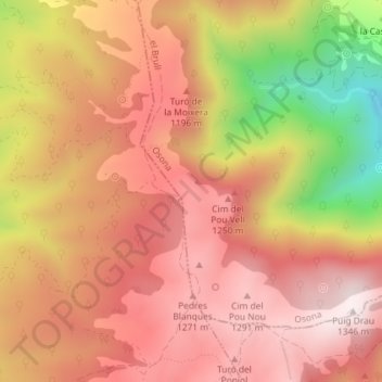 Mapa topográfico Pla de la Calma, altitude, relevo