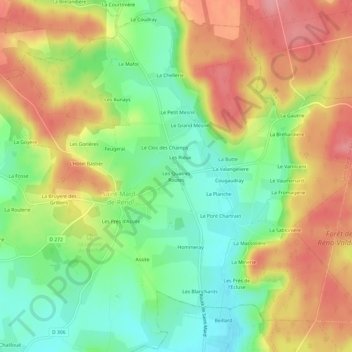 Mapa topográfico Les Quatres Routes, altitude, relevo