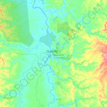 Mapa topográfico Quibdó, altitude, relevo