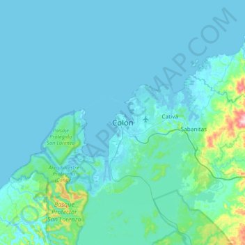 Mapa topográfico Colón, altitude, relevo