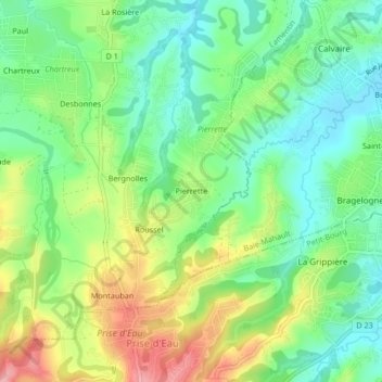 Mapa topográfico Pierrette, altitude, relevo