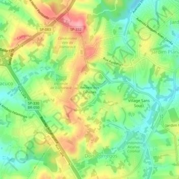 Mapa topográfico Recreio dos Cafezais, altitude, relevo
