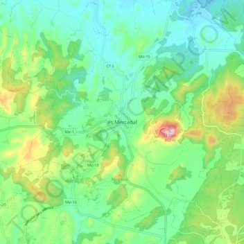 Mapa topográfico Es Mercadal, altitude, relevo