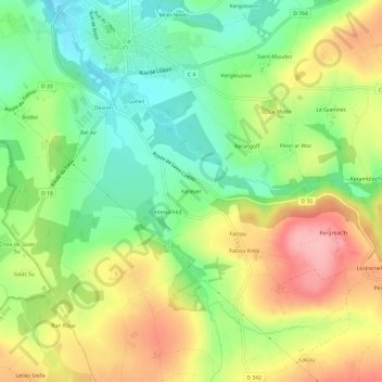 Mapa topográfico Kerever, altitude, relevo