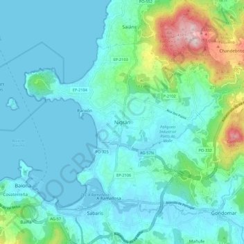 Mapa topográfico Nigrán, altitude, relevo