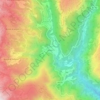 Mapa topográfico Rouças, altitude, relevo