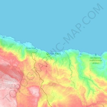 Mapa topográfico Ocho Rios, altitude, relevo