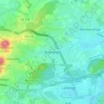 Mapa topográfico Ehlerange, altitude, relevo