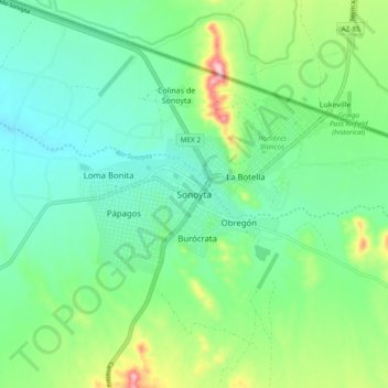 Mapa topográfico Sonoyta, altitude, relevo