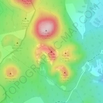 Mapa topográfico Puy de Lassolas, altitude, relevo