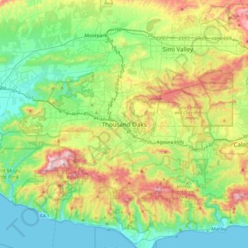 Mapa topográfico Thousand Oaks, altitude, relevo