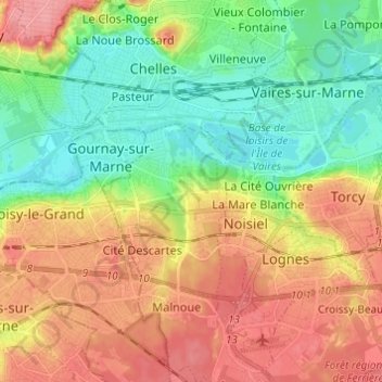 Mapa topográfico Champs-sur-Marne, altitude, relevo