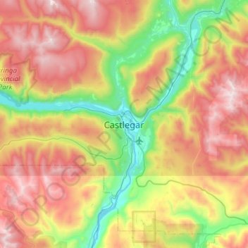 Mapa topográfico Castlegar, altitude, relevo
