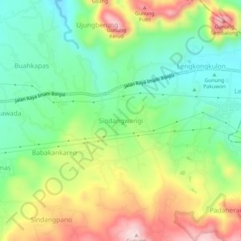 Mapa topográfico Sindangwangi, altitude, relevo
