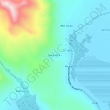Mapa topográfico Salinas Huito, altitude, relevo