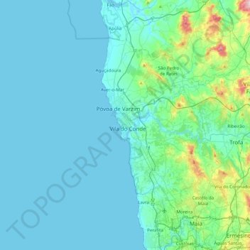 Mapa topográfico Vila do Conde, altitude, relevo