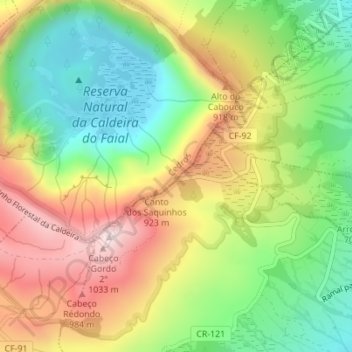 Mapa topográfico Miradouro da Caldeira, altitude, relevo