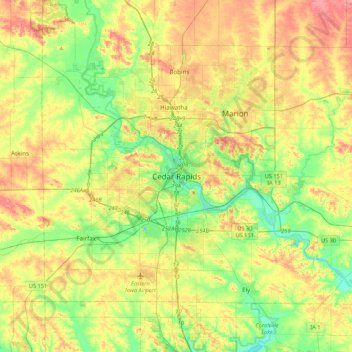 Mapa topográfico Cedar Rapids, altitude, relevo