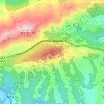 Mapa topográfico Arratzain, altitude, relevo